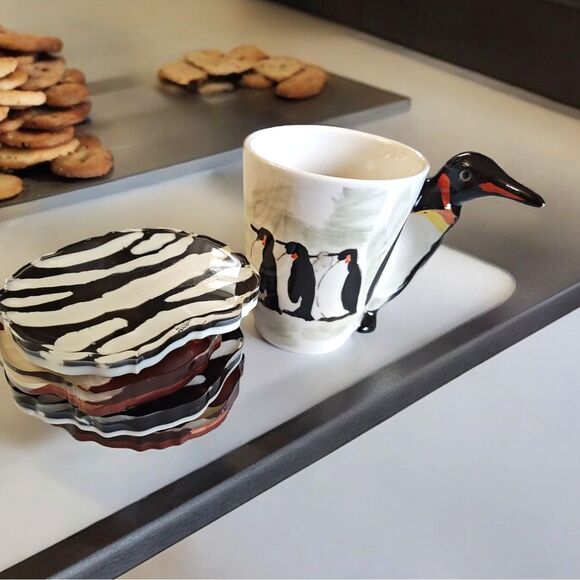 Hand-painted Ceramic Mug (13.66oz) Penguin & Animal Print Coaster Set Coffee Tea - Picture 1 of 4